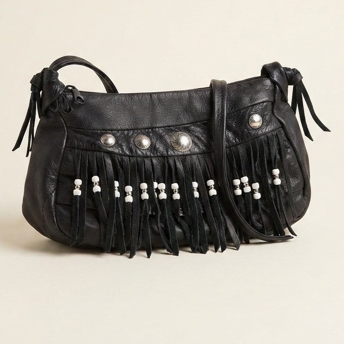 Black Leather Fringe Crossbody Bag Western Concho Beaded Tassel Boho Bag Mexico
