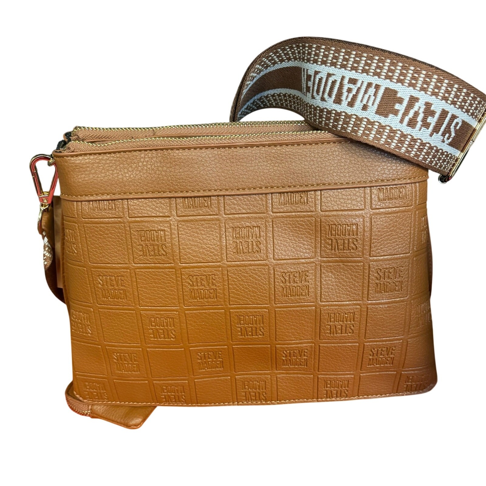 Steve Madden BCHARLOTTE Logo Embossed Triple Zip Crossbody Bag Coin Pouch Brown