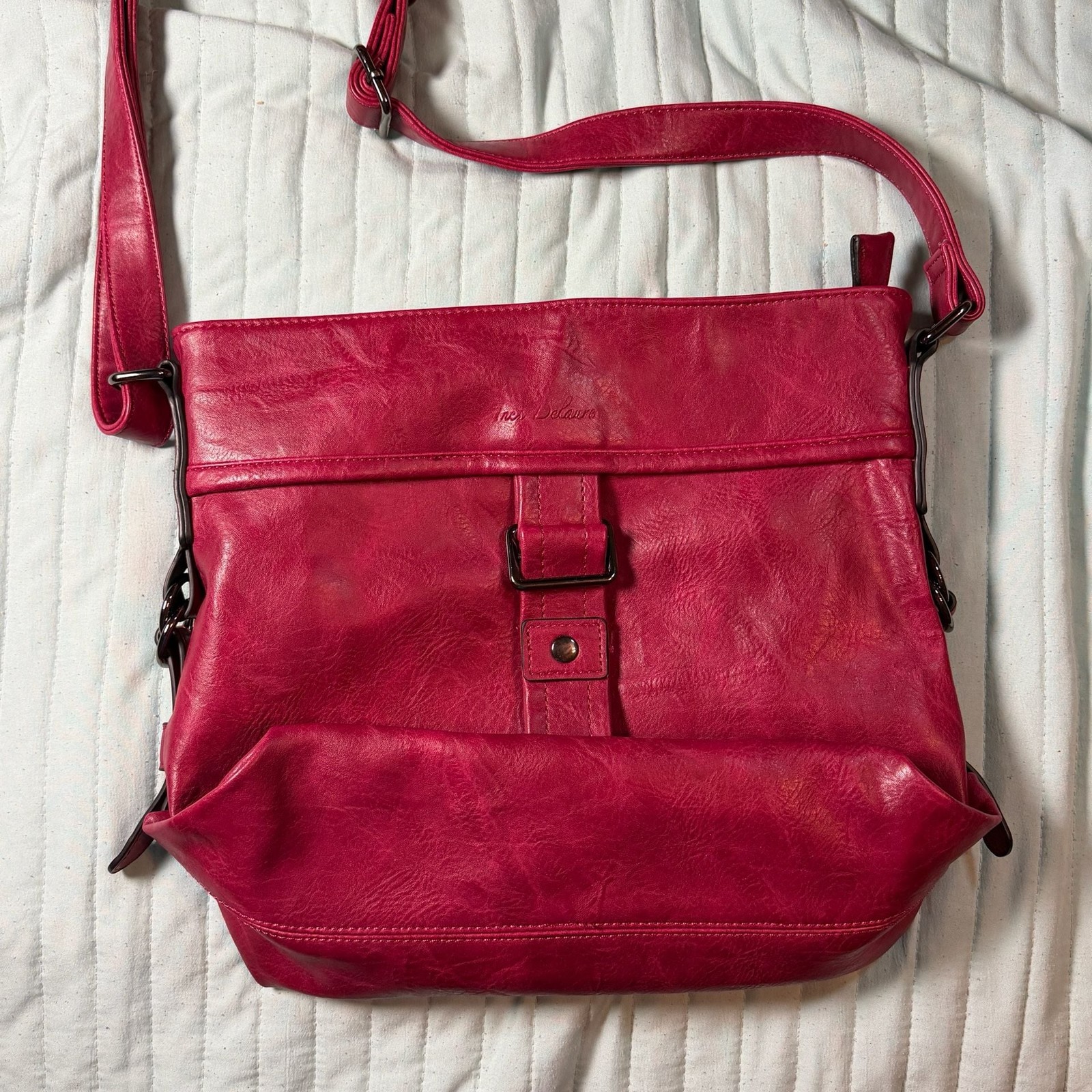 Ines Delaure Fuchsia Red Crossbody Shoulder Bag with Buckle Detail
