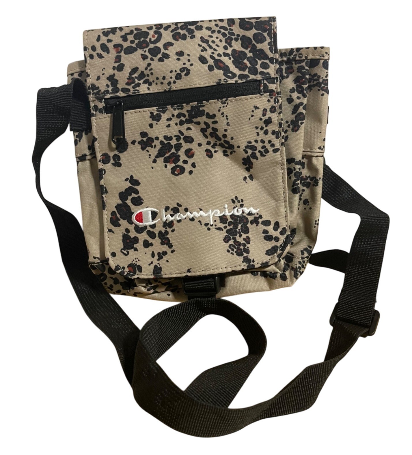 Champion Leopard Print Crossbody Bag With Adjustable Strap & Front Zipper Pocket