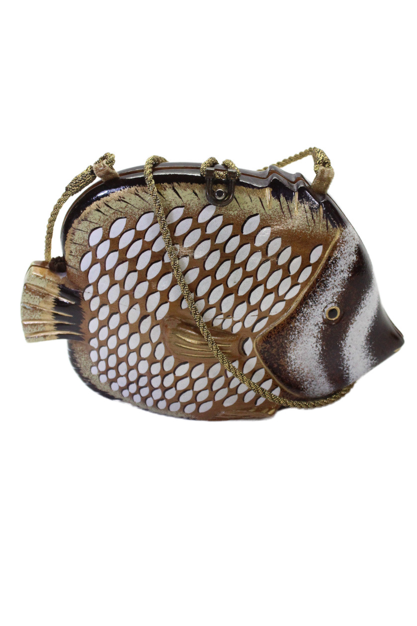 Timmy Woods Womens Handmade Wooden Fish Purse Handbag Brown