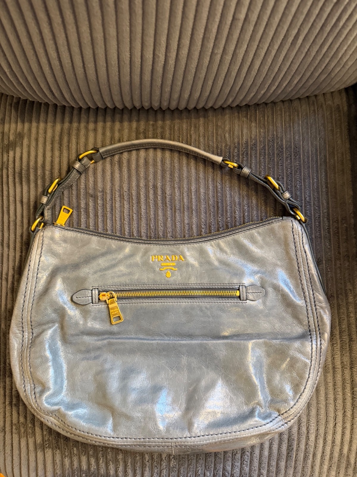 Prada Prada BR4885 Vitello Shine Hobo Shoulder Bag Avio Blue Gray Leather
