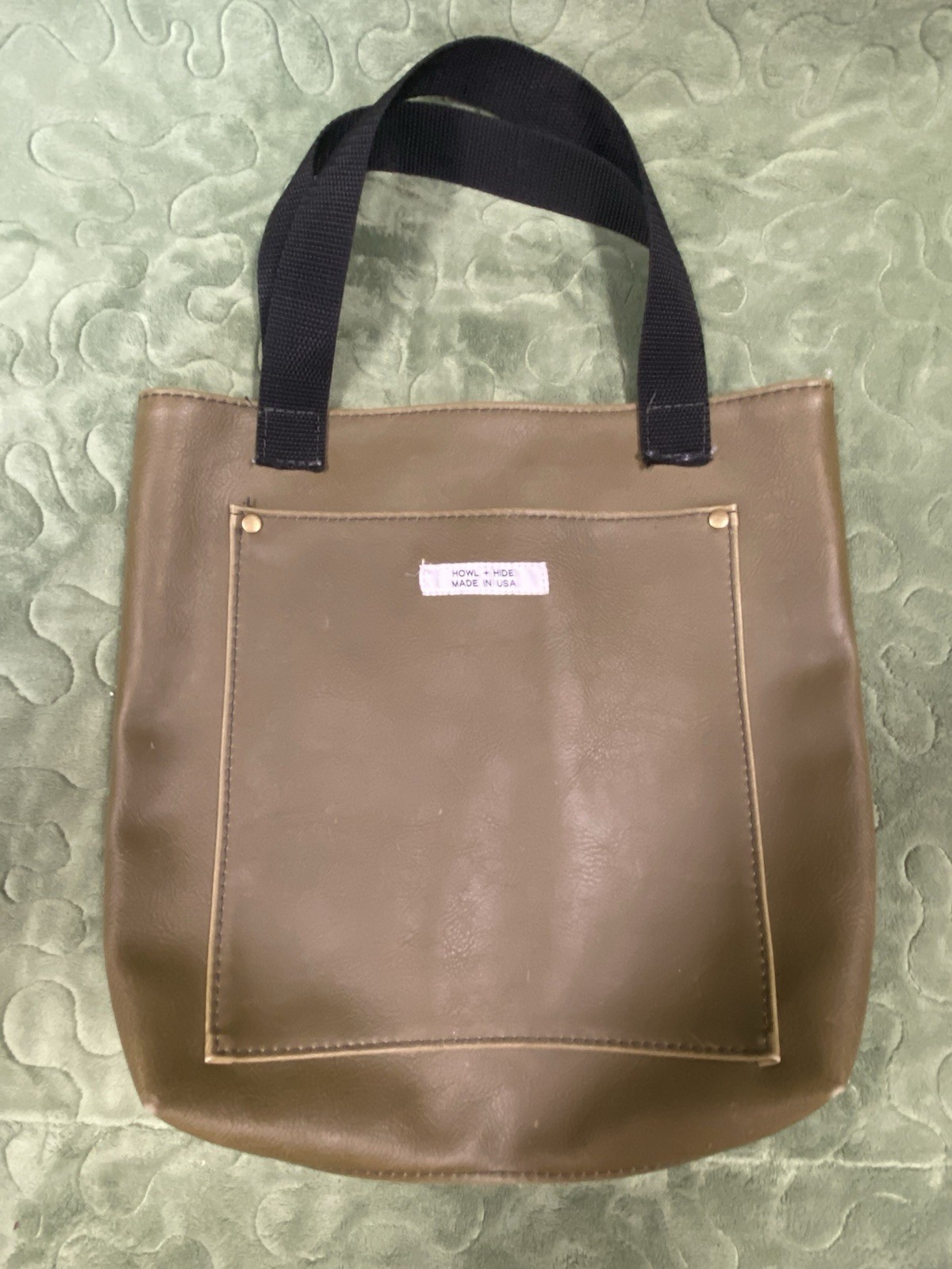 Howl + Hide Olive Green Leather Tote Bag, Made in USA, Front pocket, 13x13x3″