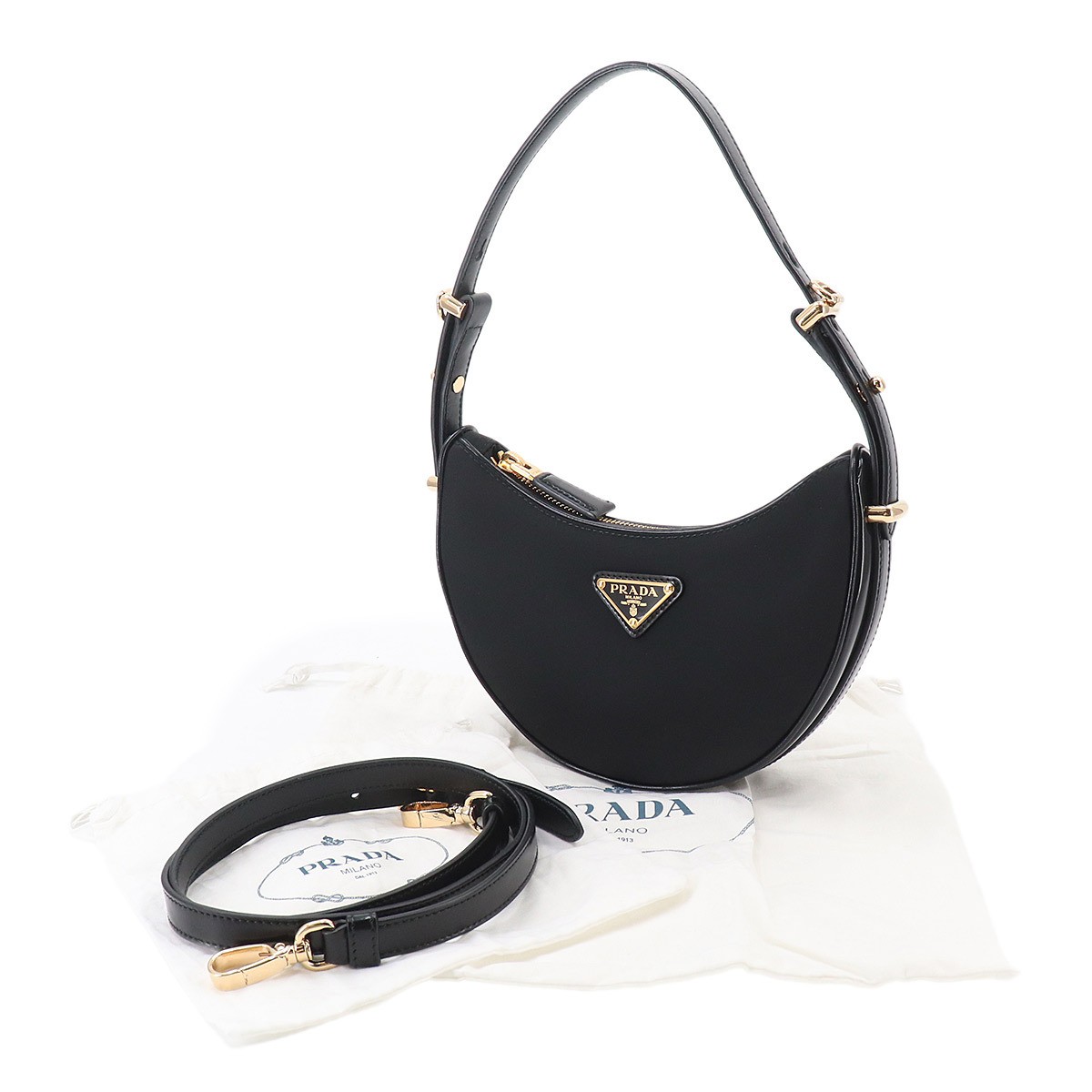 PRADA Arche Small 2way Hand Shoulder Bag Nylon Leather Black 1BC194 Gold Hardwar