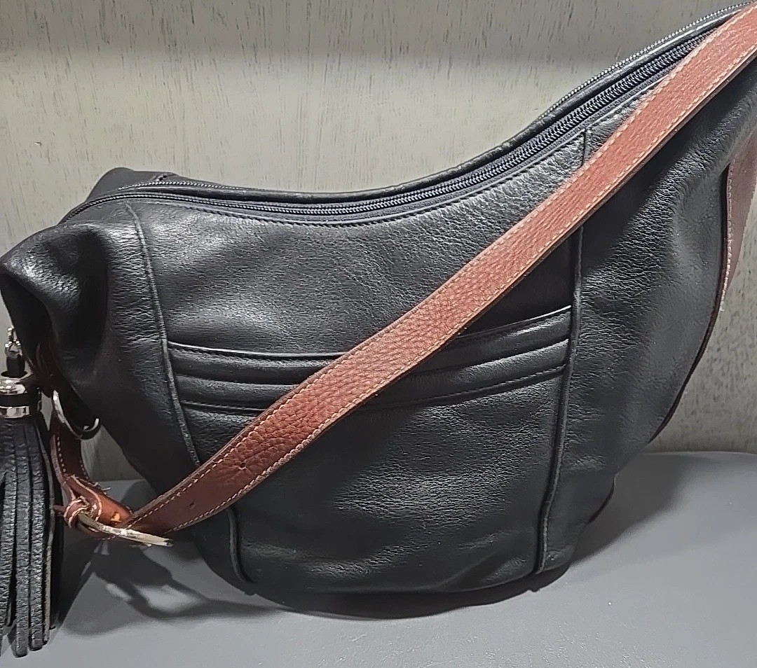 Tignanello Leather Double Zip Hobo Shoulder Bag Black with Brown Trim and Tassle