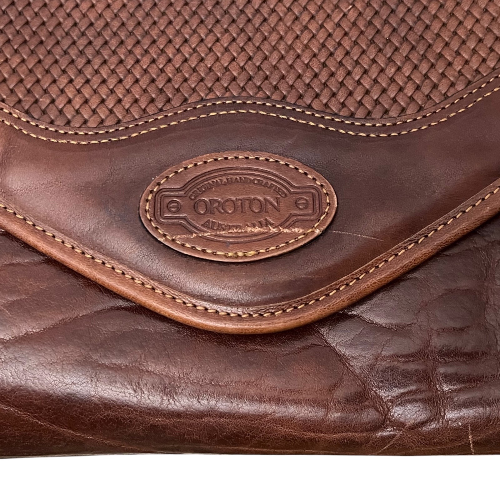 Oroton Vintage Leather Crossbody Shoulder Bag Brown Leather Woven Flap Australia