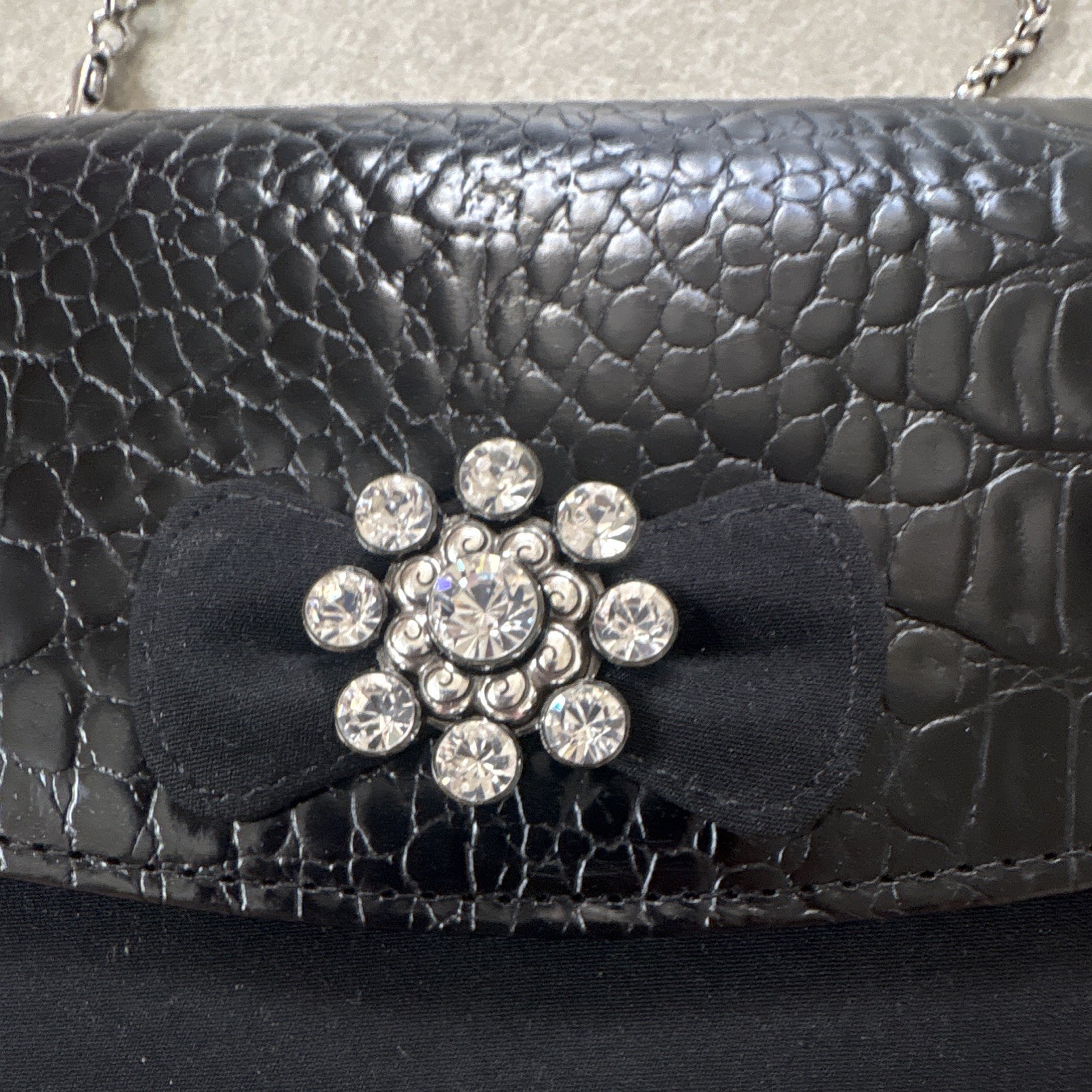 Brighton Black Croc Embossed Crossbody Clutch Chain Strap, Rhinestone Bow