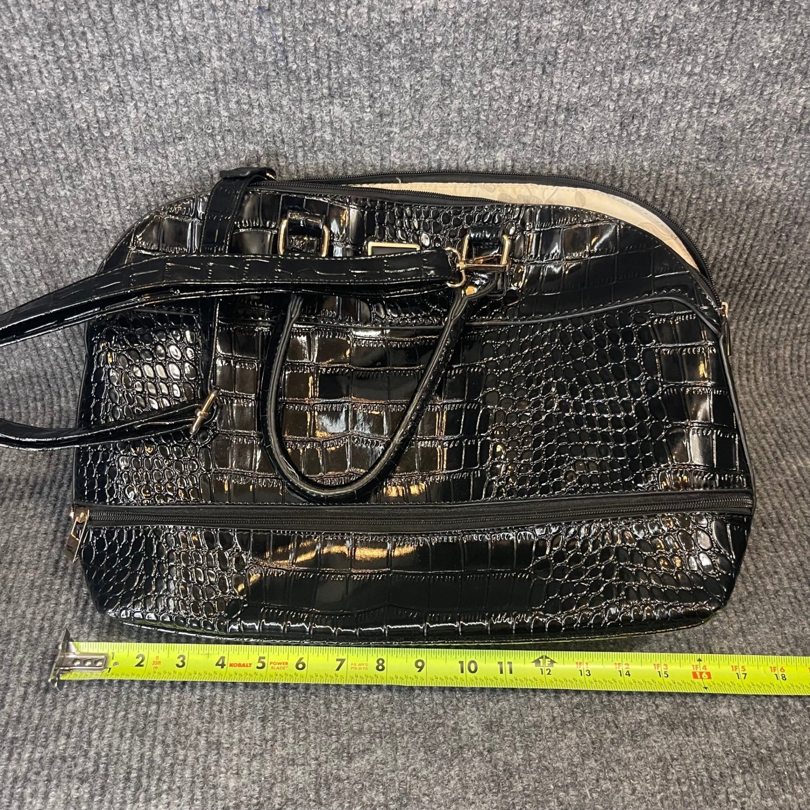 Sei Satchel Bag LARGE Black Croc Embossed Patent Faux Leather Handbag Travel