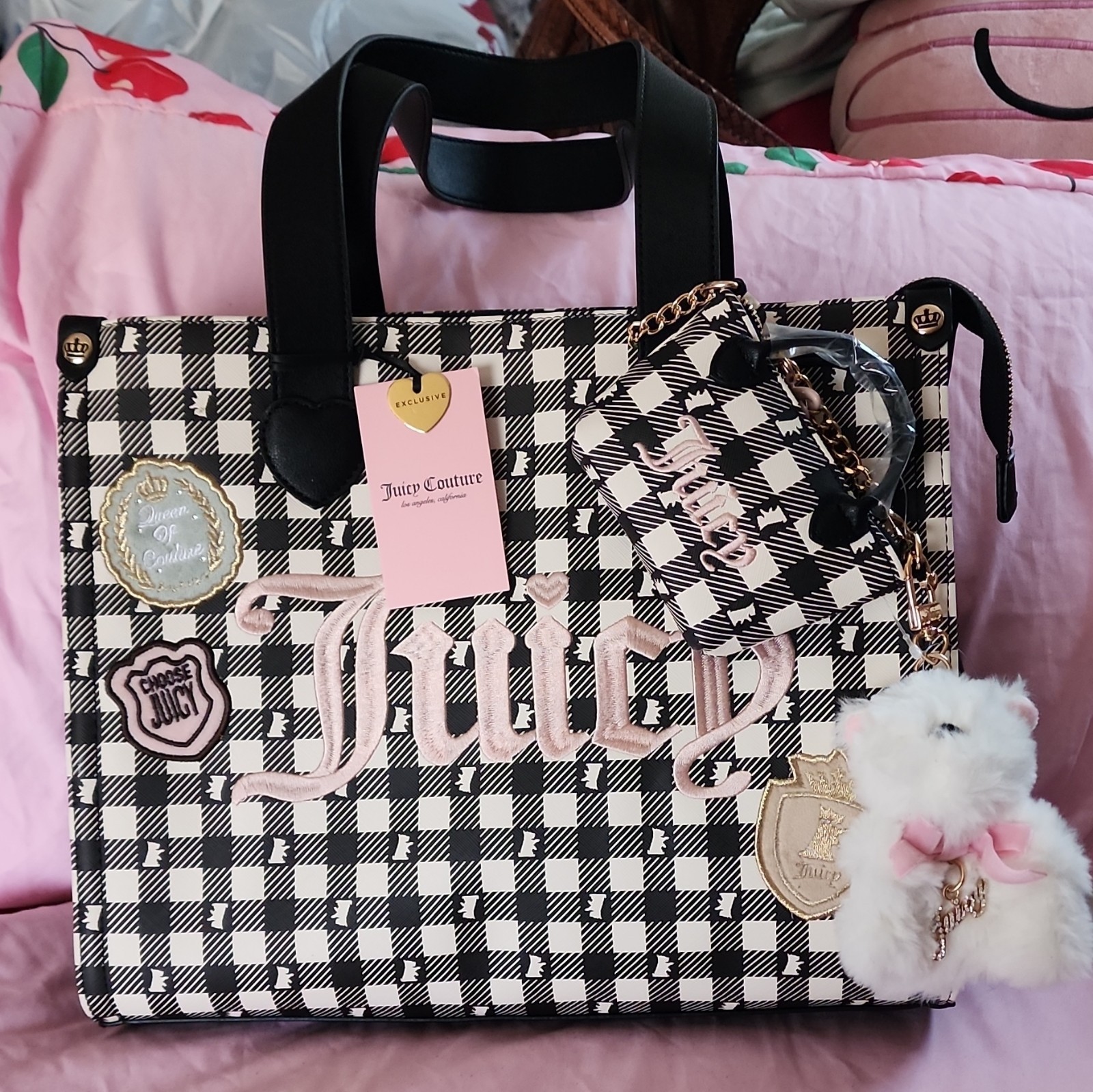 Juicy Couture Black White Checkered Large Tote Zip Bunny Charm Mini Bag Gold