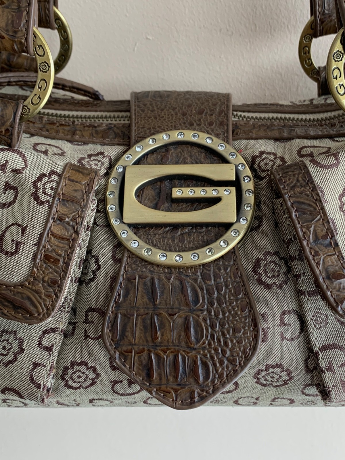 Vintage Guess Monogram Beige Faux Python Leather Denim Y2K Purse Handbag 2000s