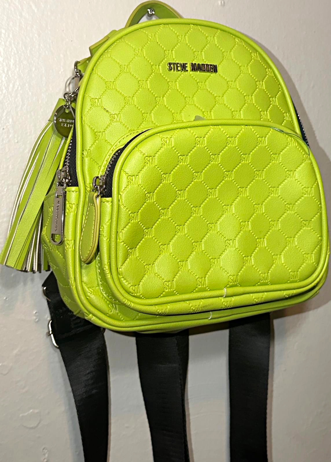 Steve Madden Green Quilted Logo Mini Backpack w/ Tassel Charm, Zip Pockets