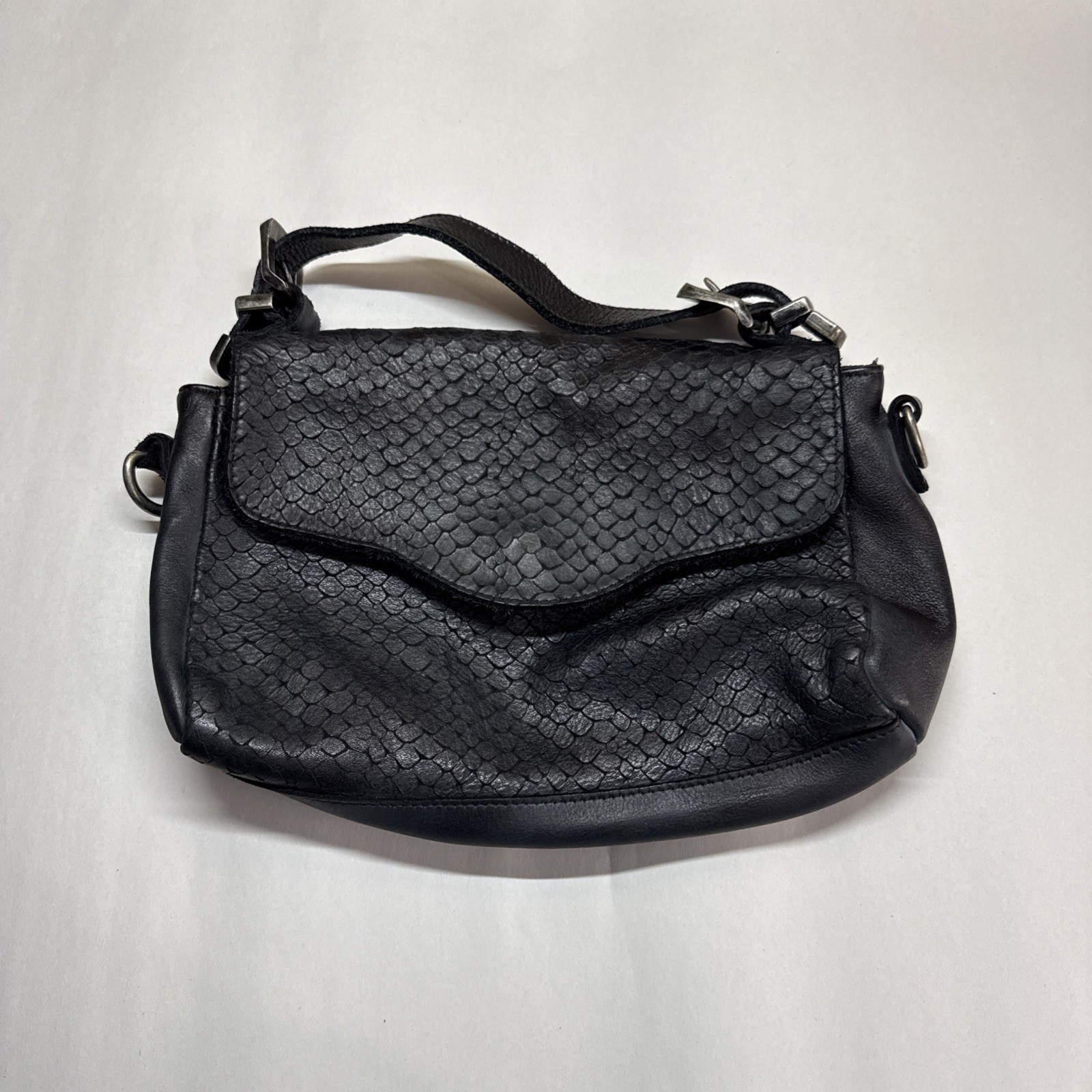 GIORGIA MILANI Italian Snake Textured Black Leather Crossbody Top Handle Handbag