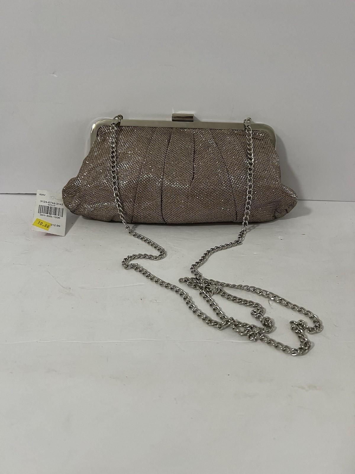 Evening Clutch Purse Champagne Gold Glitter Fabric Chain Strap NWT