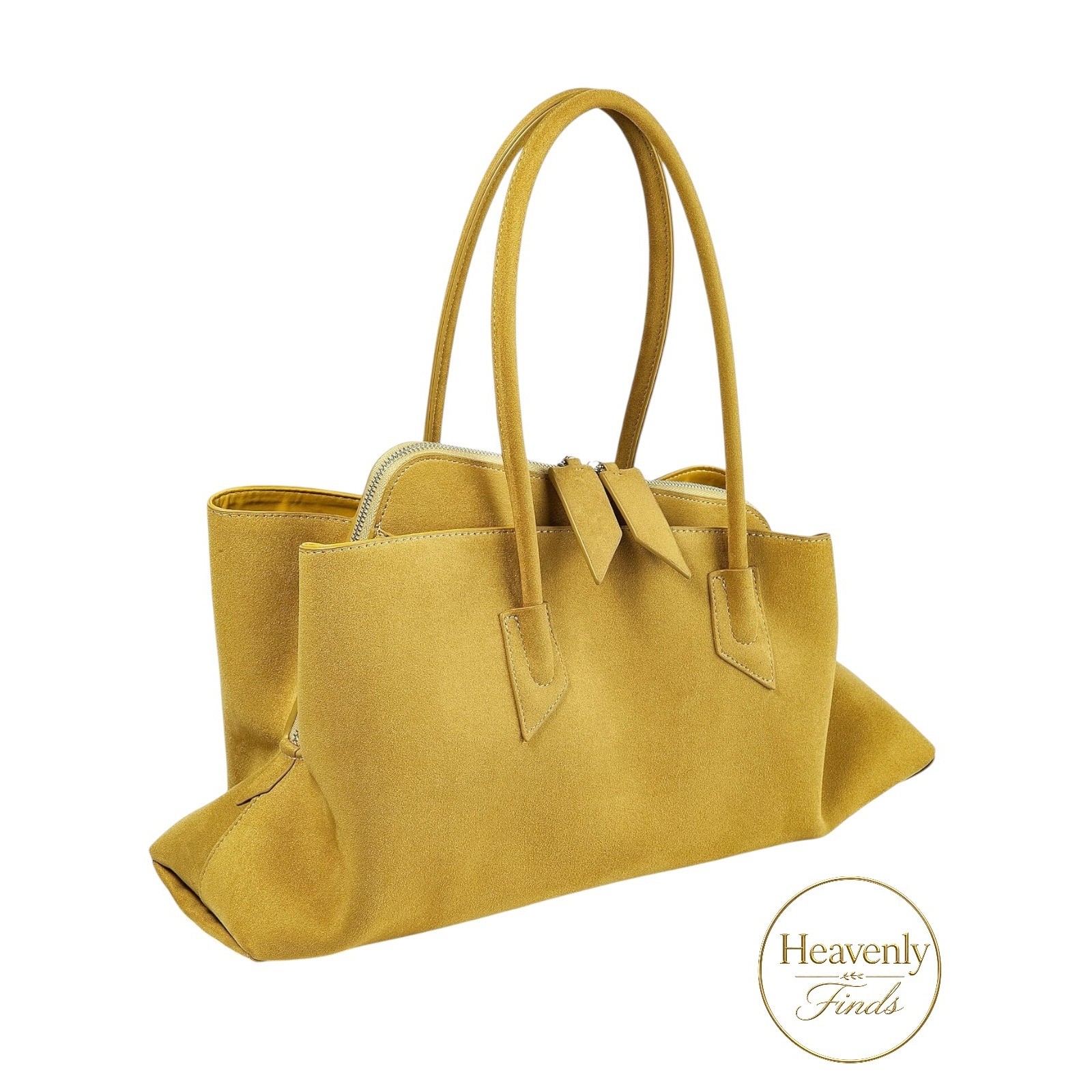 Large Suede Tote Bag Mustard Yellow Green Bevel Edge Quiet Luxury Work Bag New