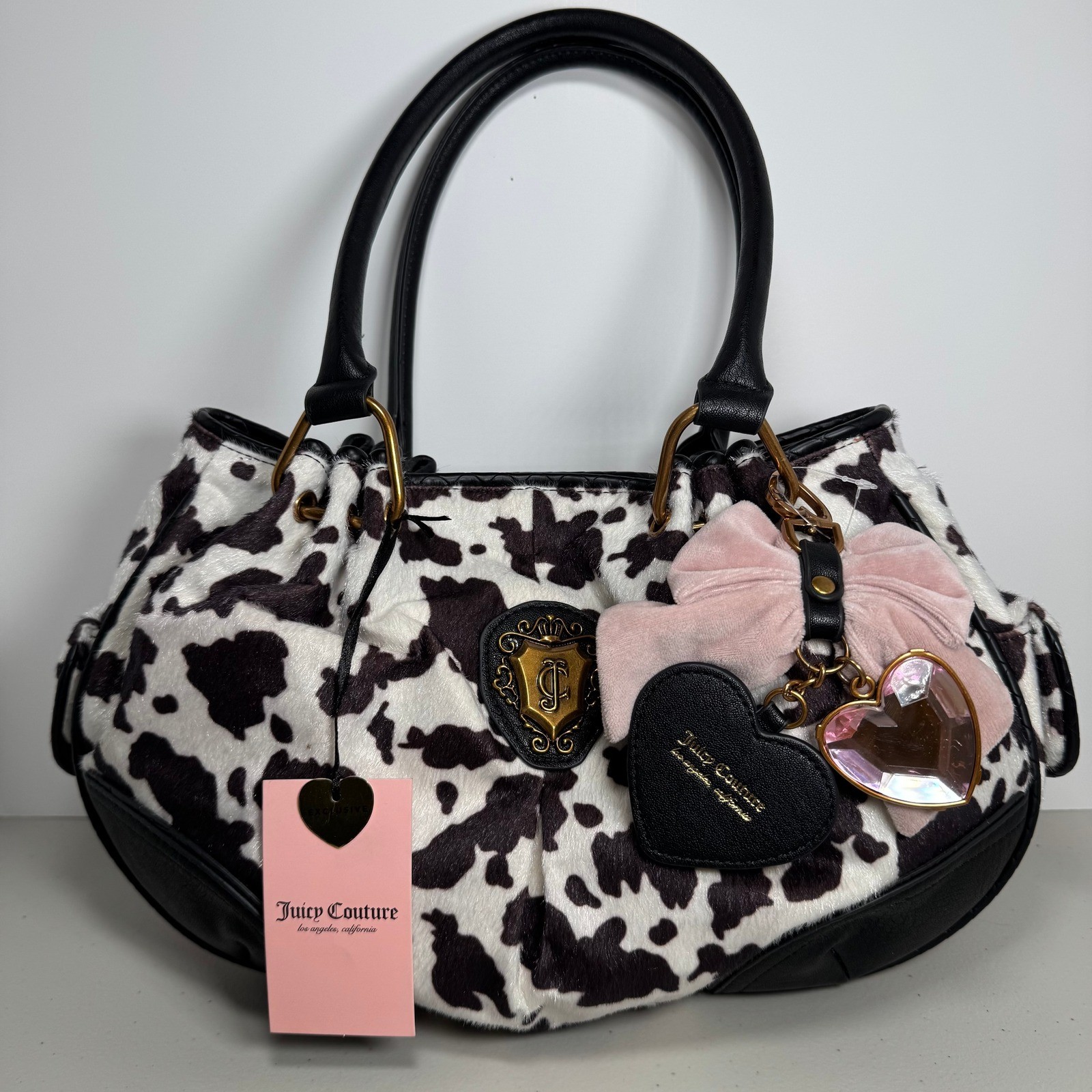Juicy Couture Romance Cow Print Satchel Bag Faux Fur Pink Bow Heart Charm BW
