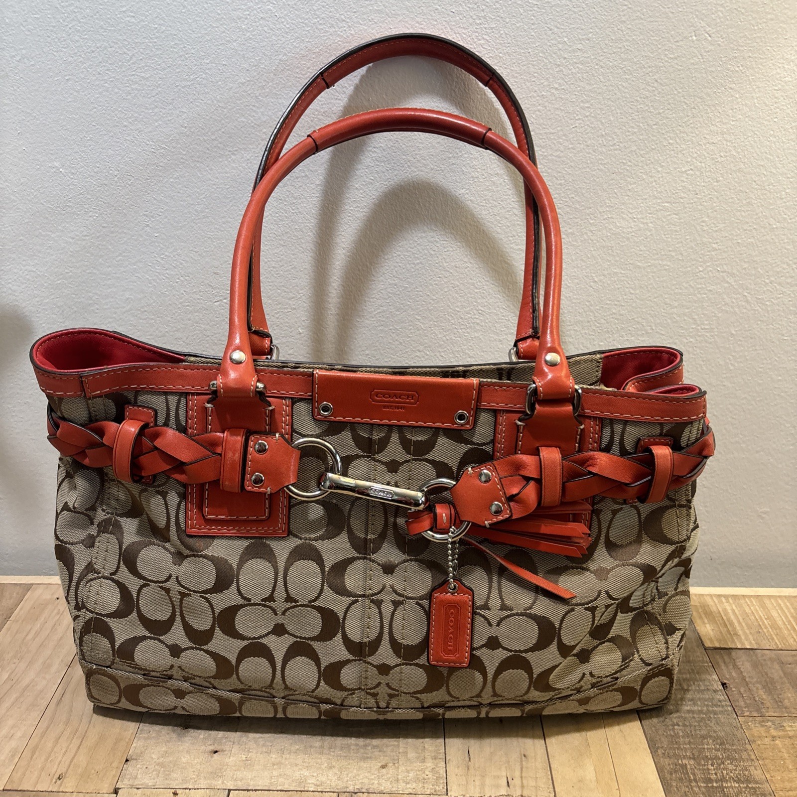 Coach Hampton Signature Logo Braided Leather Carryall Tote Handbag