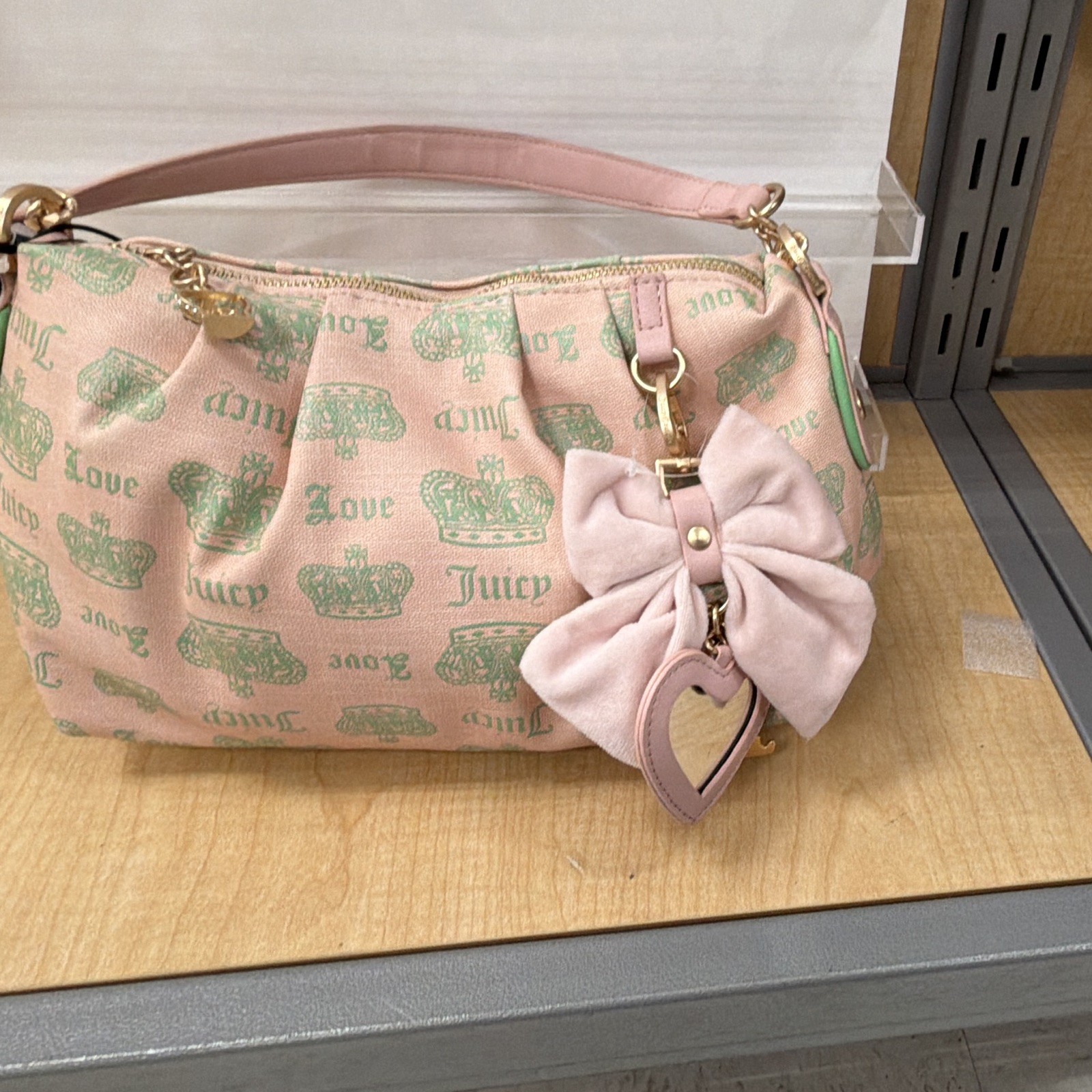 Juicy Couture Pink Logo Shoulder Bag Zip Closure Bow Heart Charm Gold Hardware