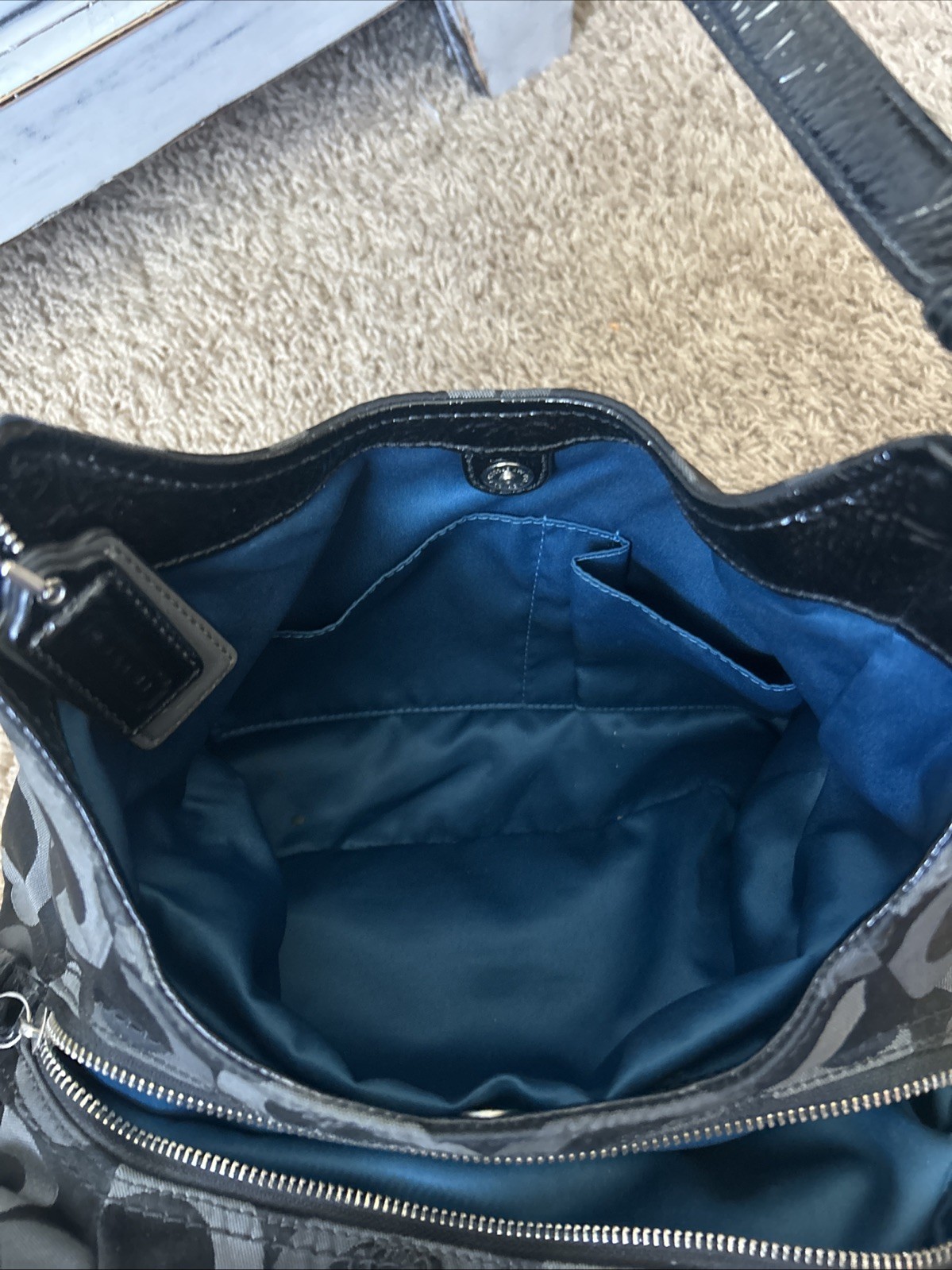 COACH C1276-20244 Madison Tote Black Patent Leather Canvas Blue Sateen Interior