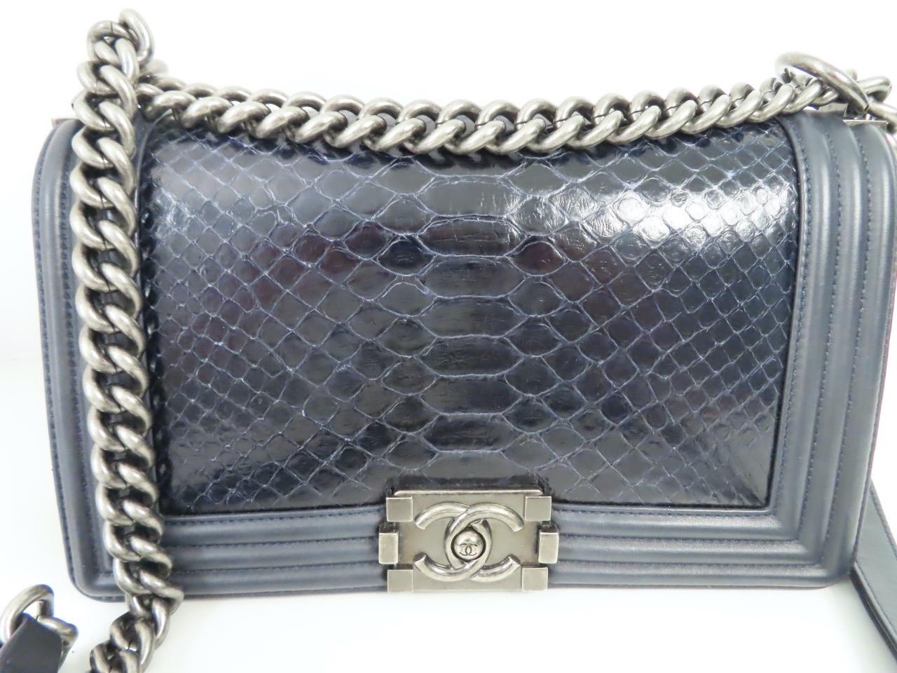 CHANEL Dark Navy Python/ Ruthenium Chain & Leather Strap Medium Boy Bag