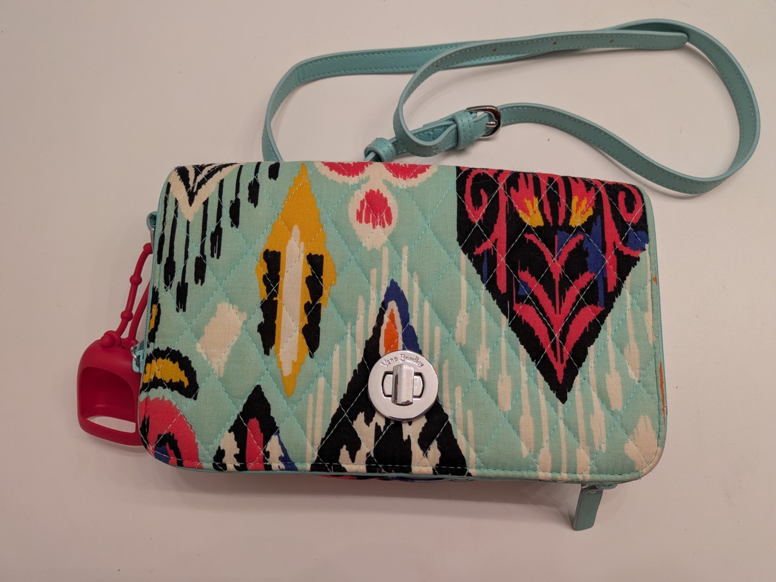 Vera Bradley Teal Aztec Crossbody Wallet, Turnlock, Retired Pattern