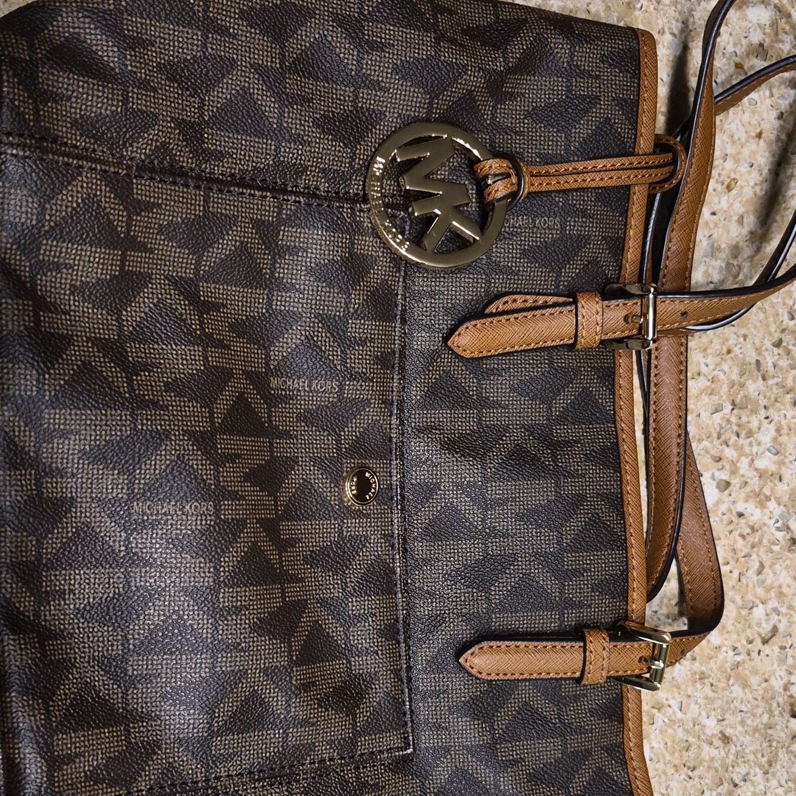 Michael Kors Brown Logo Tote Snap Closure Gold Hardware MK Charm, Inner Pockets