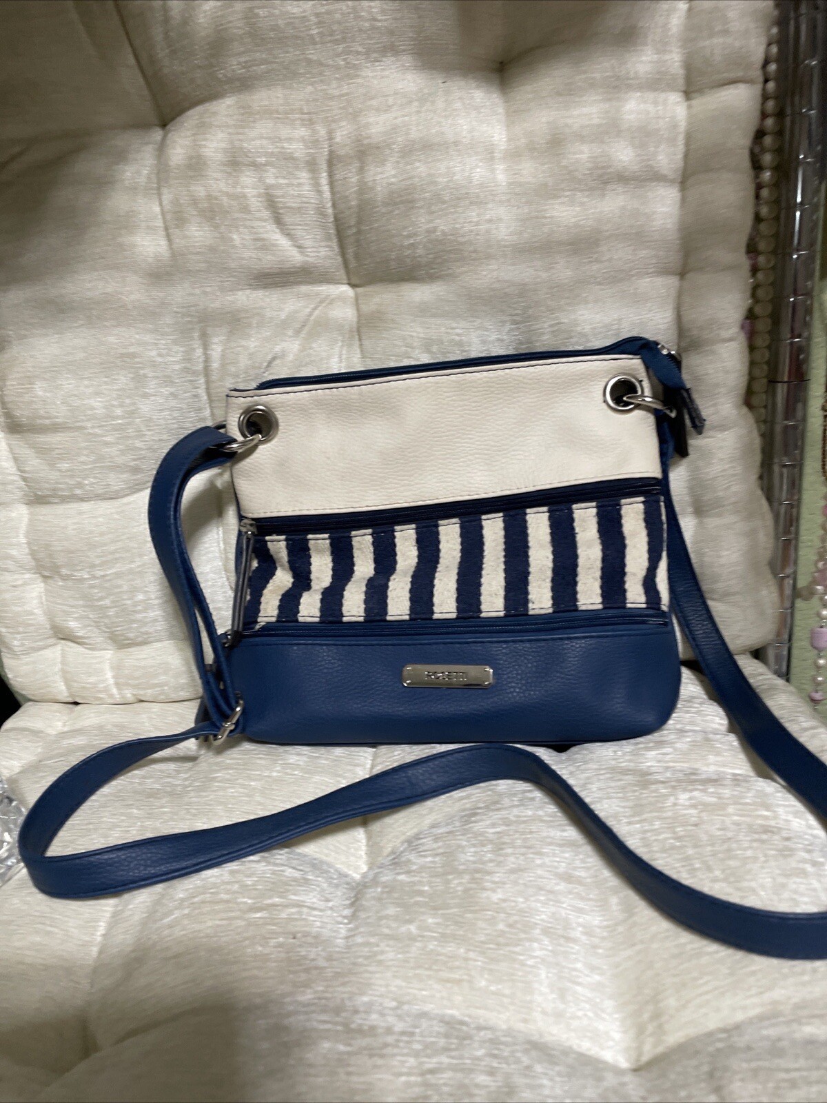 Rosetti Handbag Purse Navy Blue and Cream Off White Stripe Vegan Cross Body