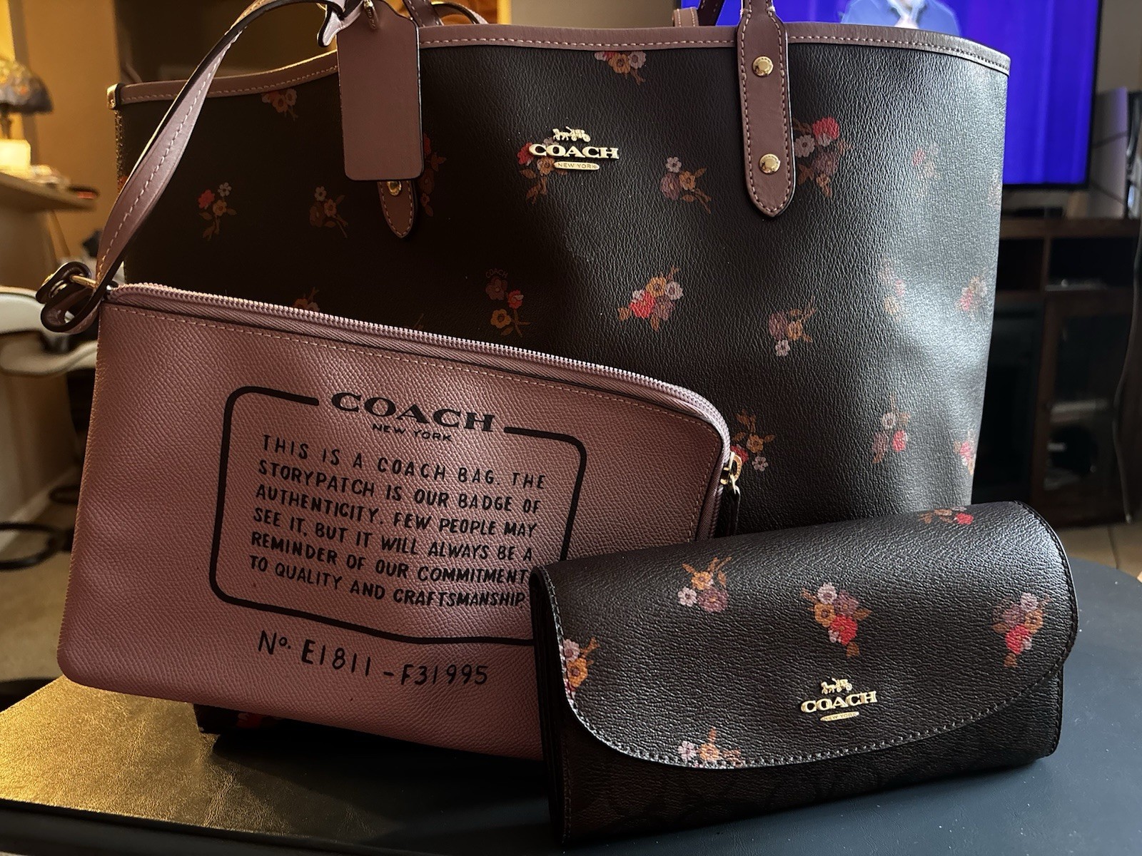 Coach Floral Tote Bag Brown/pink w/ Pouch Large Inner Pockets Open Top