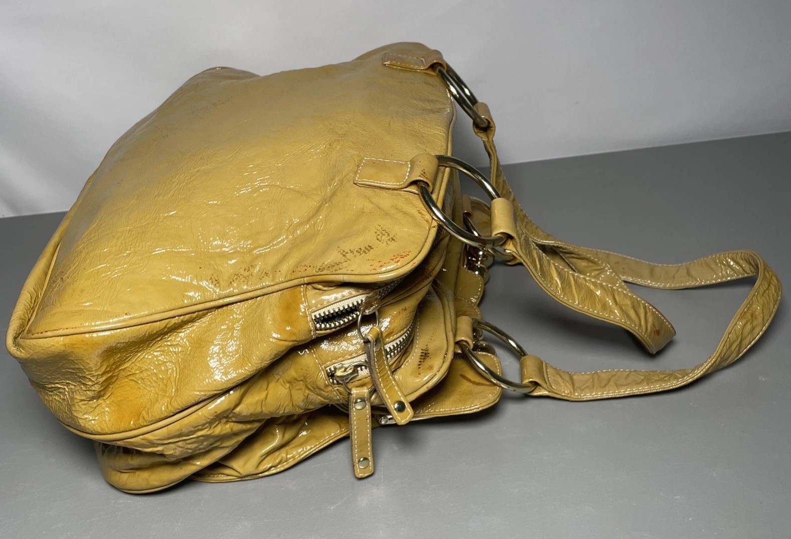 Women’s Bulga Yellow Patent Leather Hobo Bag Y2K Red Paint Splash Distress Purse