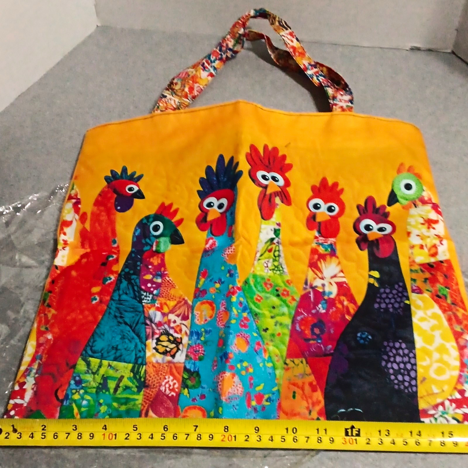 Yellow Multicolor Rooster Animal Print Tote Bag, Zip Top, Lined, Double Handles