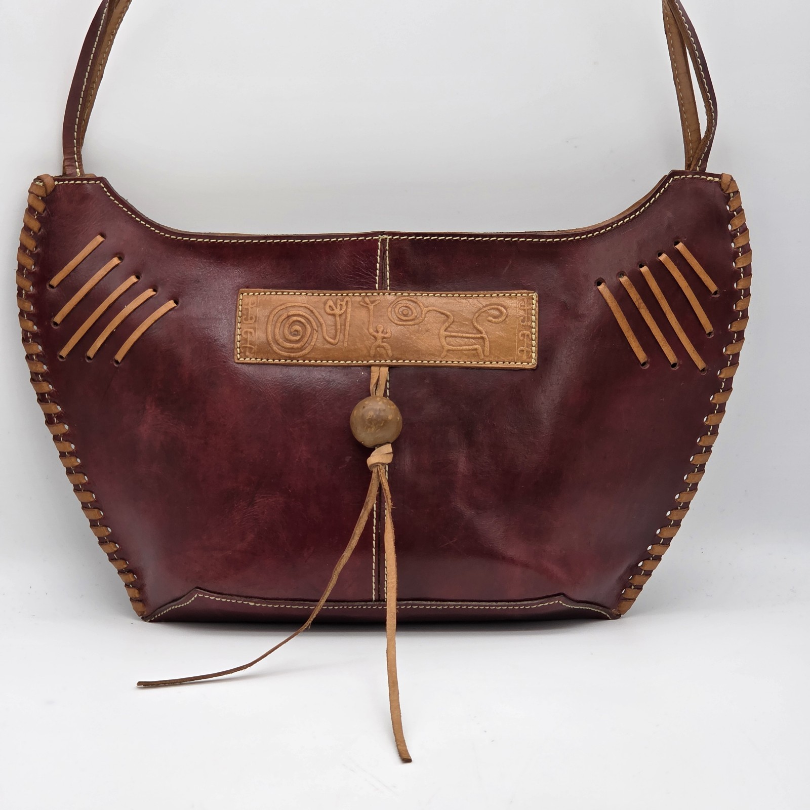Handmade Tooled Burgundy Leather Purse Shoulder Bag Stitching Accent Western