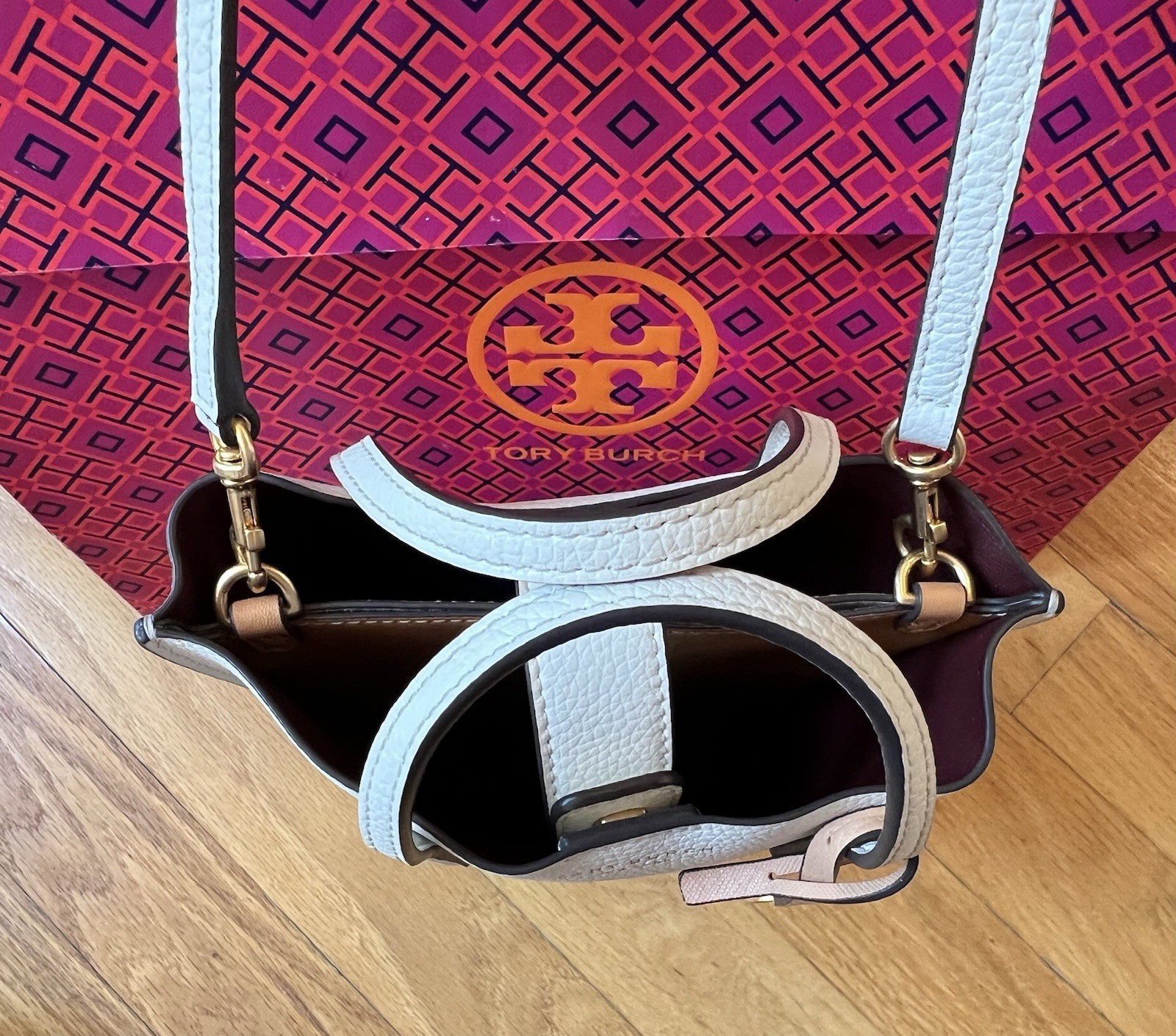Tory Burch Ivory Pebbled Leather Perry Mini North South Tote Crossbody