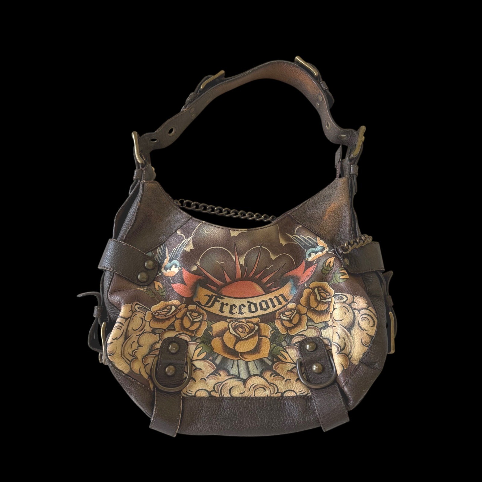 Isabella Fiore Brown Leather Freedom Tattoo Rose Hobo Shoulder Bag Brass Chain