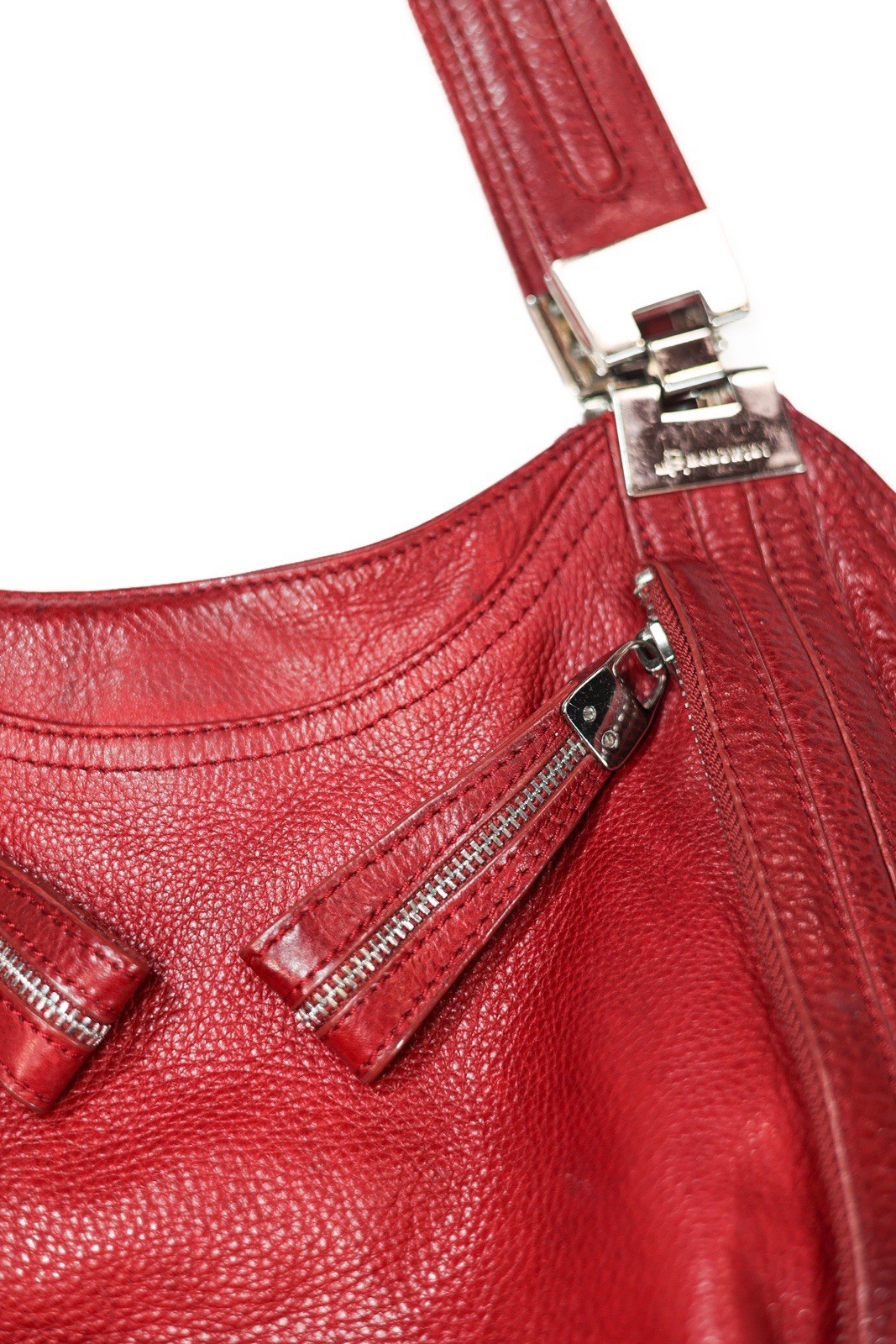 B. Makowsky Genuine Leather Red Hobo Shoulder Bag Leopard Lining Multi Pocket