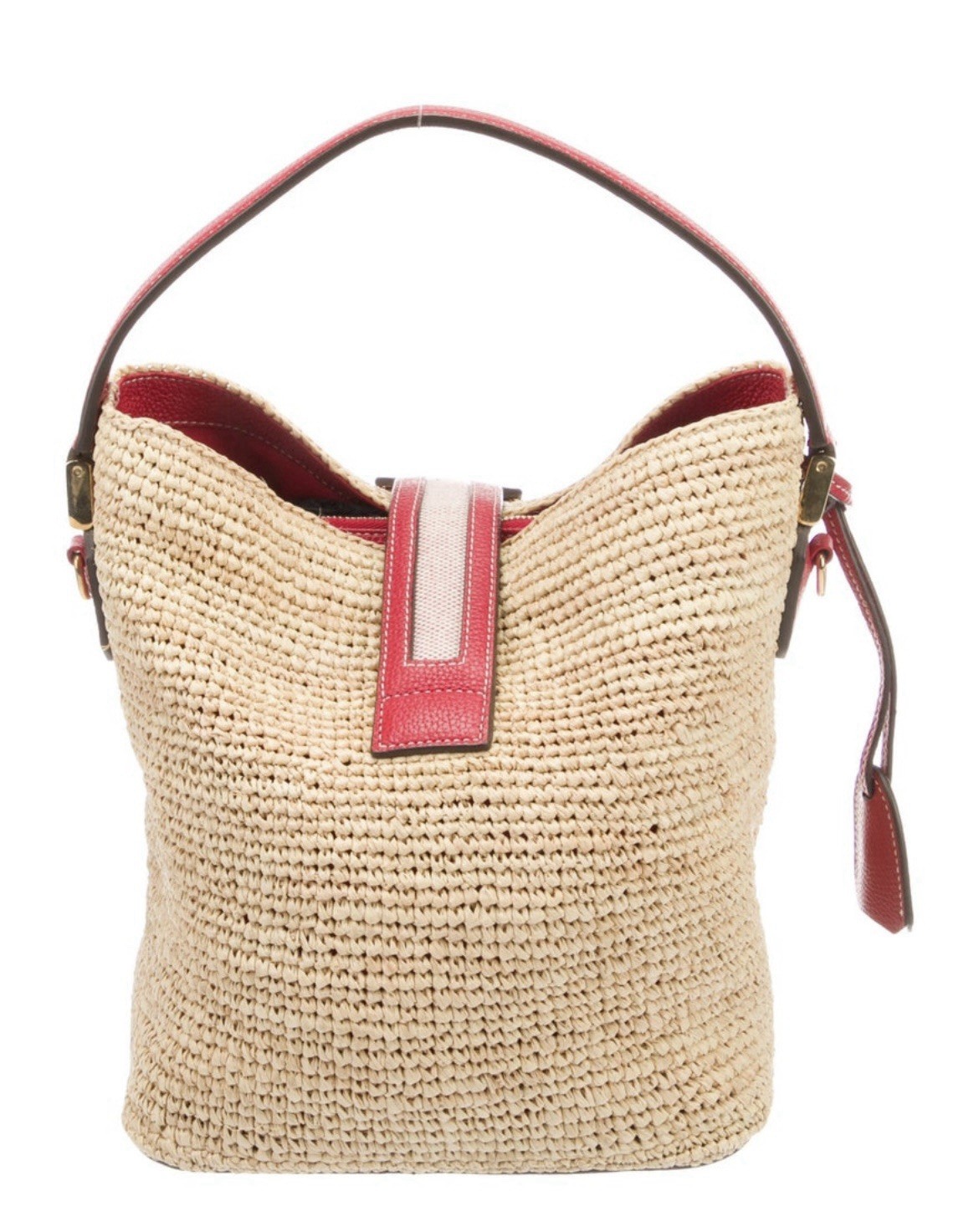 Mark Cross Woven Bucket Bag Beige Red Leather Trim Gold Hardware Lock