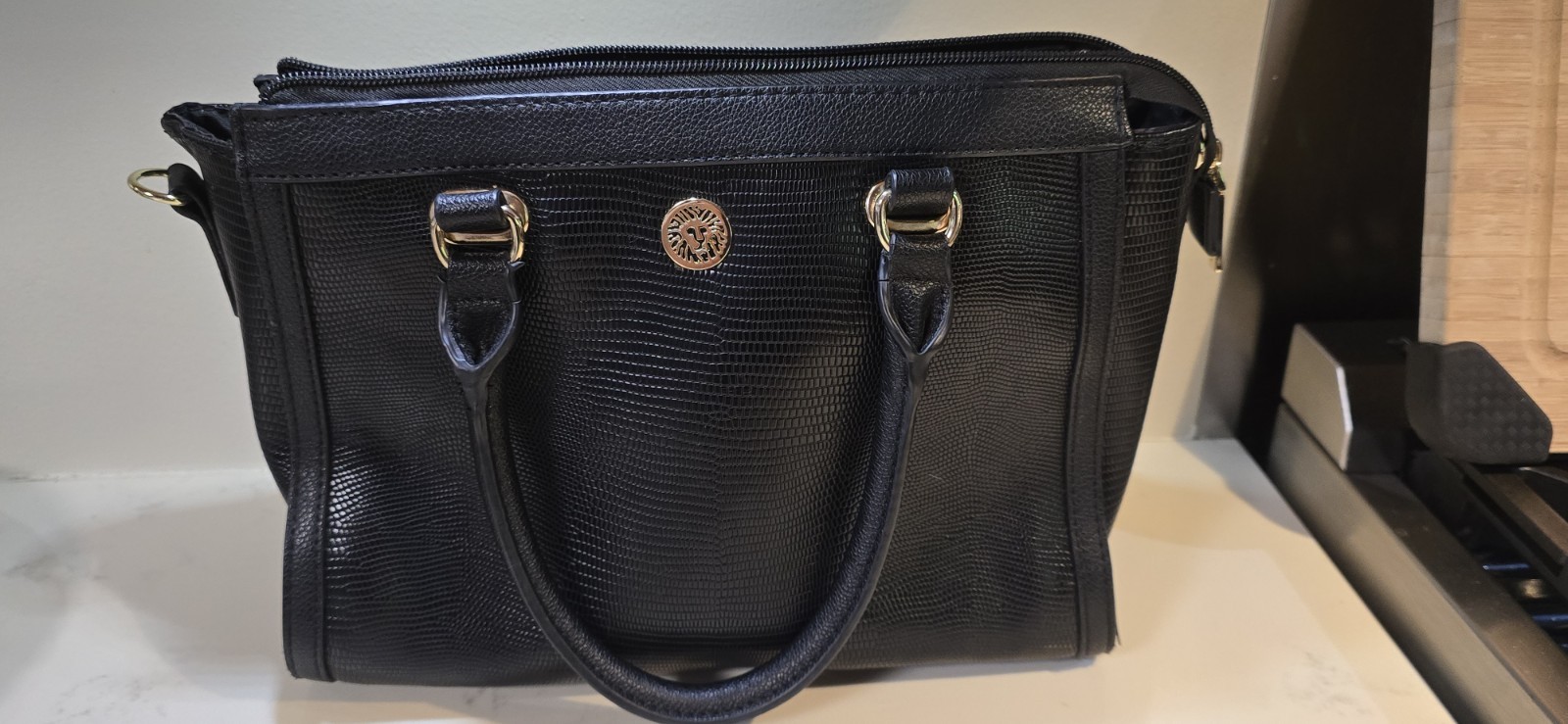 Anne Klein Vintage-Style Black Lizard-Embossed Faux Leather Satchel Bag with…