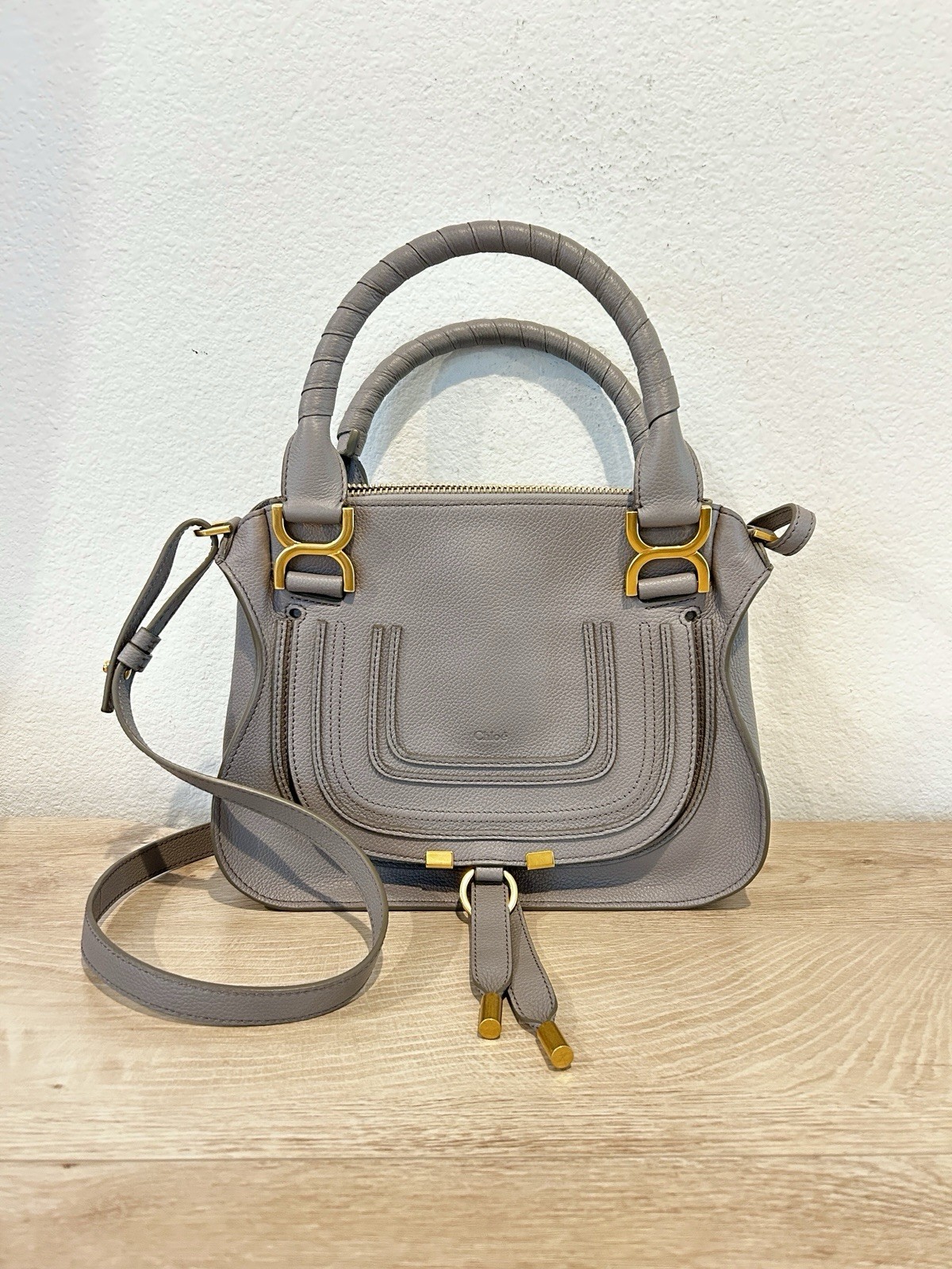 NWT Chloe Small Marcie bag in grained leather Cashmere Grey, Retail $2490