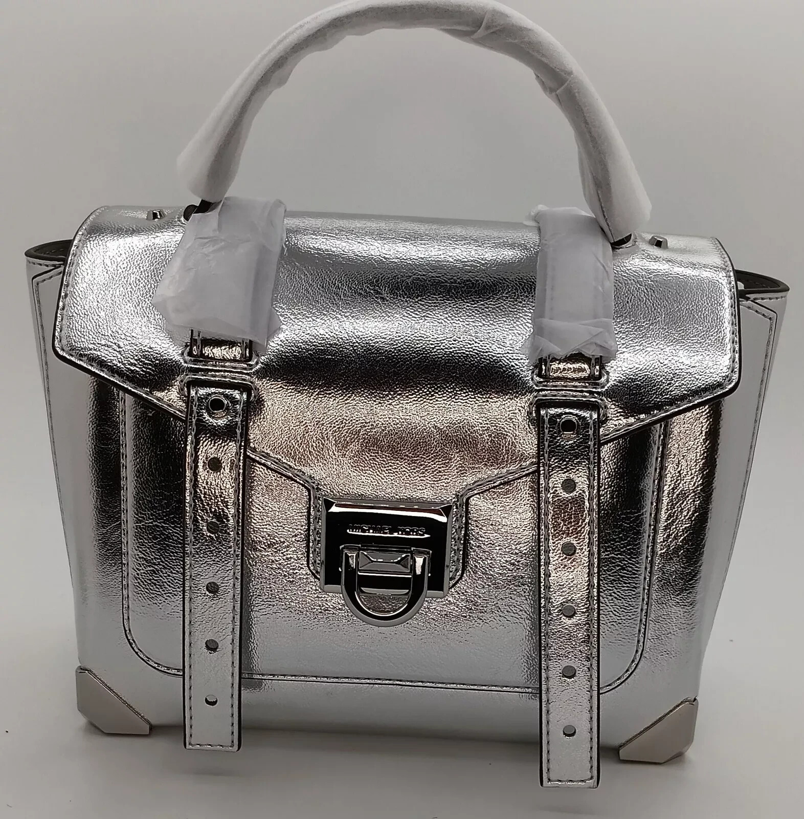 Michael Kors Manhattan Medium Crackled Metallic Leather Satchel Silver NWT