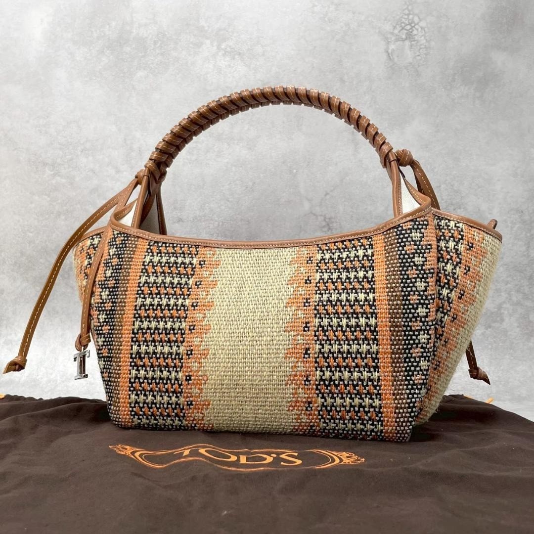 TOD’s T Timeless Jute Tote Bag Natural Casual Stylish Natural Authentic Brown