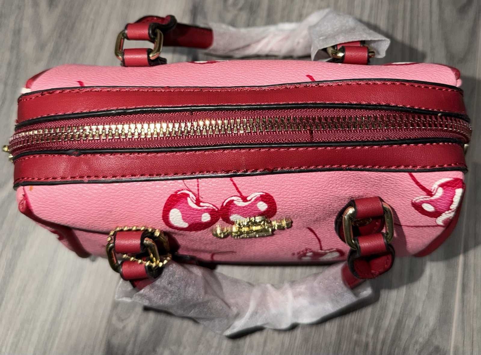 Coach Pink/Red Cherry Print Zip Satchel Top Handle Bag Detachable Strap