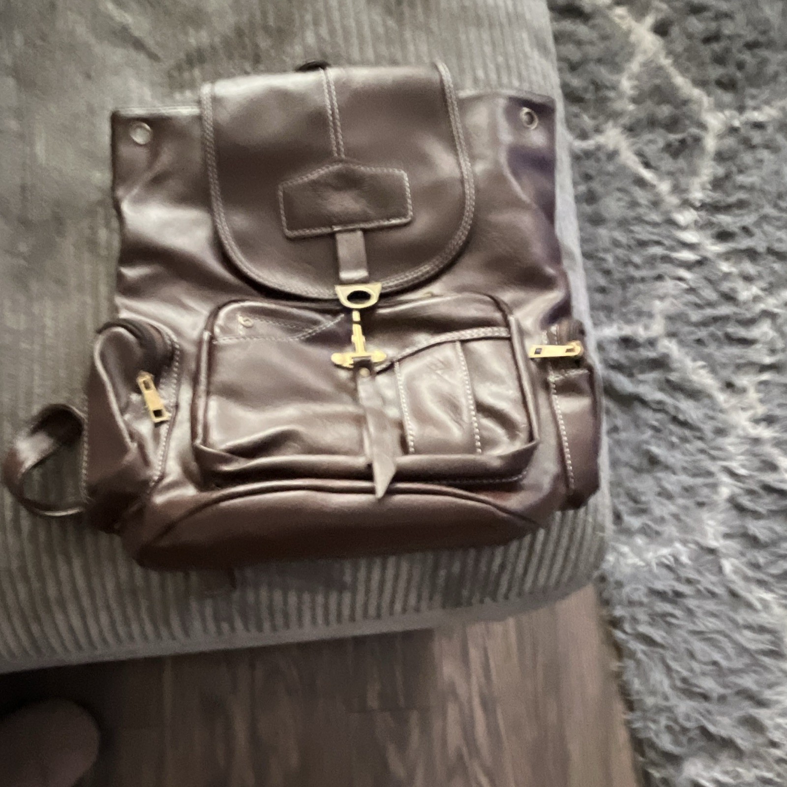 Genuine Leather Women’s Backpack Solid Buckle Flap Zip Closure Outer Pockets