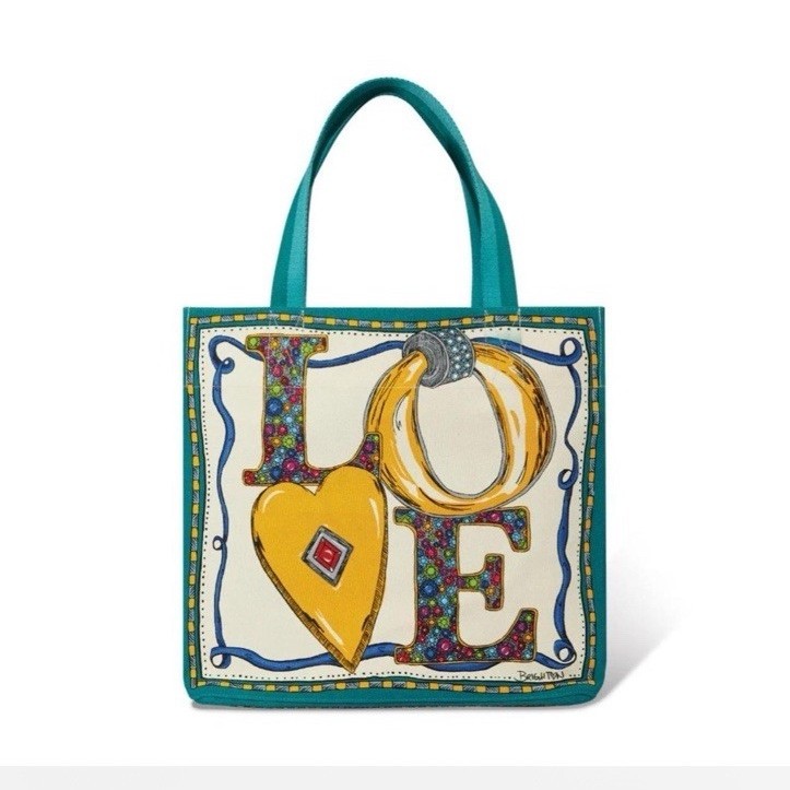 Brighton LOVE Graphic Heart Multicolor Tote Bag Teal Double Handles Pouch