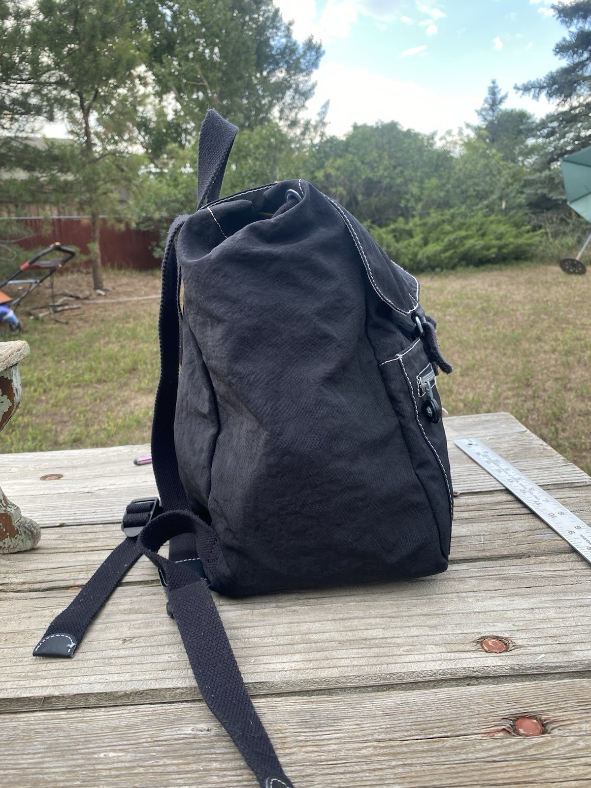 Kipling Keeper Black Crinkle Backpack Bookbag Drawstring Hook & Loop VGC