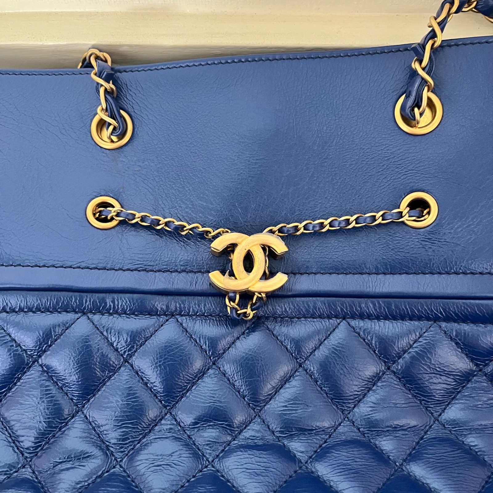 Chanel Front Zip CC Drawstring Chain Tote Quilted Blue Calfskin Leather