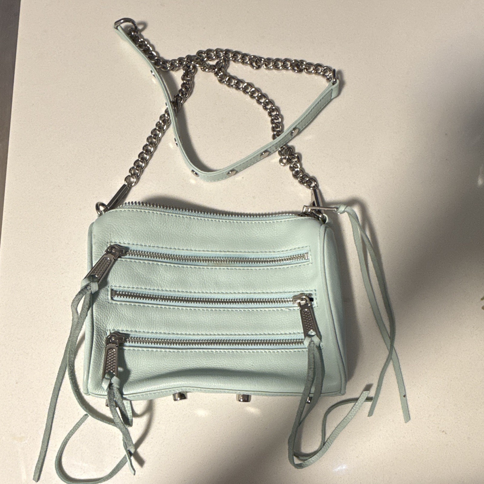 Rebecca Minkoff Light Blue Small Crossbody Bag Pebbled Finish Chain Strap Zip