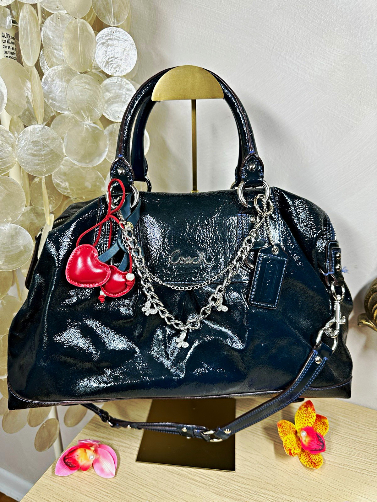 Coach Madison Sabrina Satchel Glossy Patent Leather w/ charms