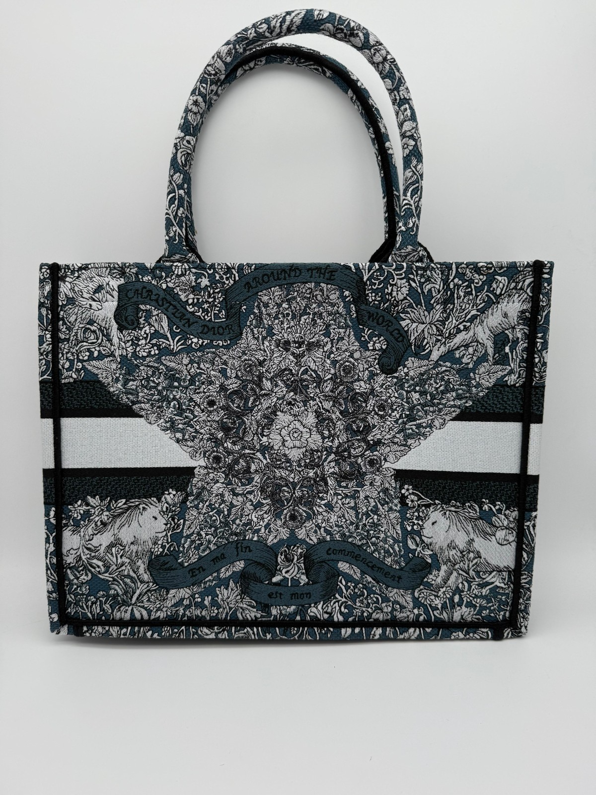 BOOK TOTE – Blue Embroidery with White Dior Around The World