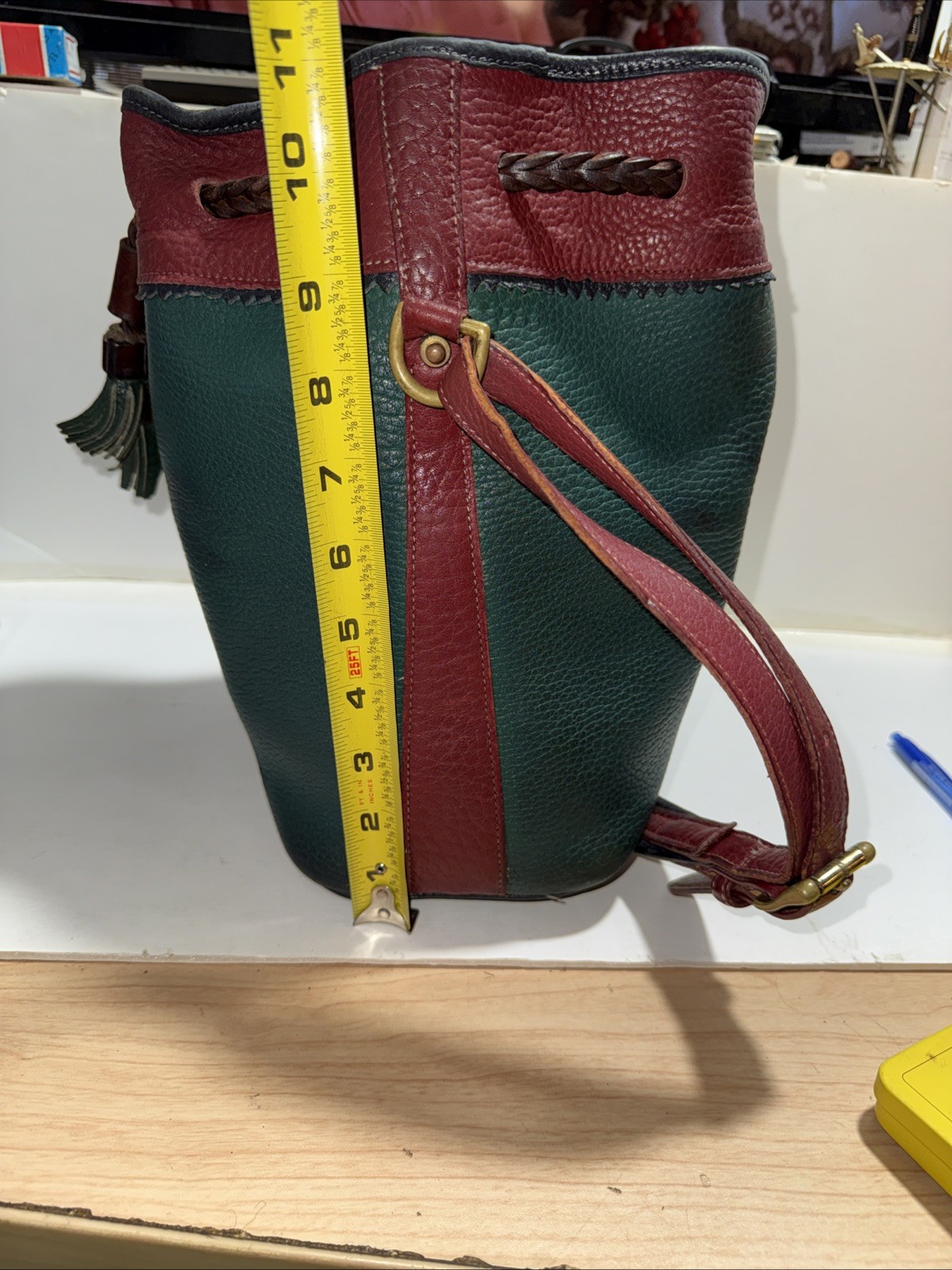 Vintage Dooney And Bourke Teton Bucket Bag Hunter Green Camel Trim Leather USA