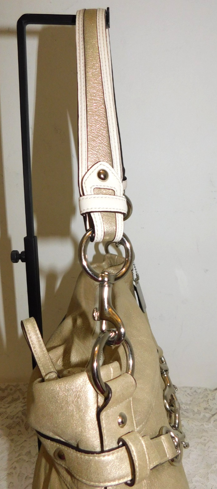 Coach Shimmer Metallic Gold Soft Pleated Goat Suede Belted Hobo Shoulder Bag