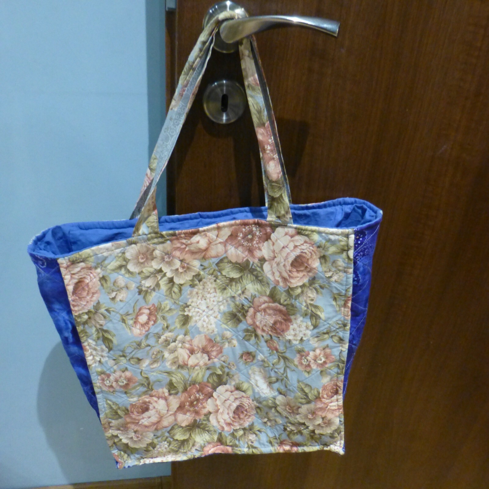Used handmade sewn textile bad patchwork with dog + pocket on front,for shopping