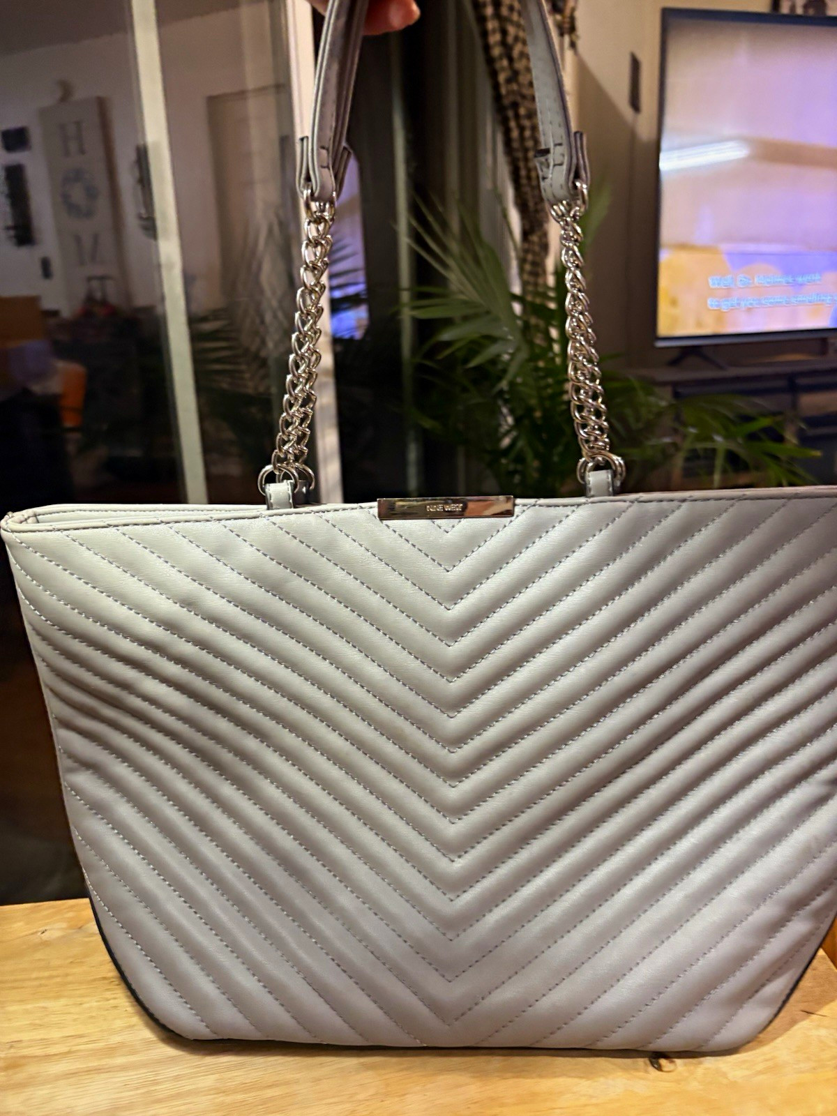 Nine West Gray Quilted Chevron Tote Large Zip Chain Strap